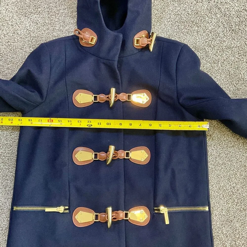 NEW Michael Kors Wool Hooded Duffle Coat Jacket Womens Small‎ Toggle Winter Blue